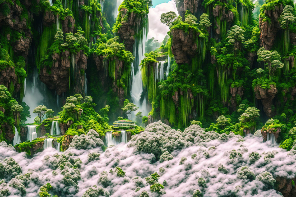 Fantasy landscape with cliffs, waterfalls, forests & pavilion