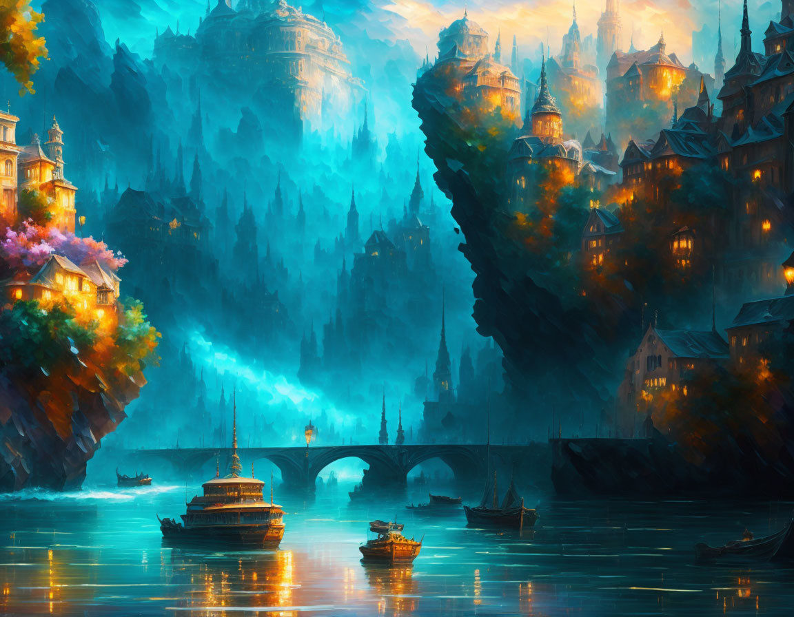 Mystical illuminated cityscape with river, boats, bridges, and towering buildings at dusk