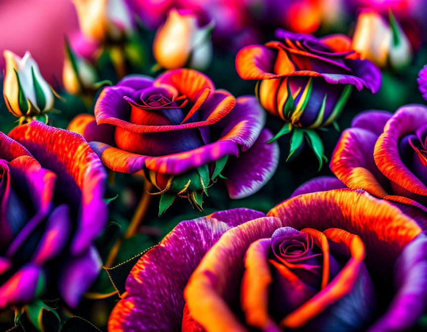 Colorful Roses in Red, Purple, and Orange Hues on Soft Background