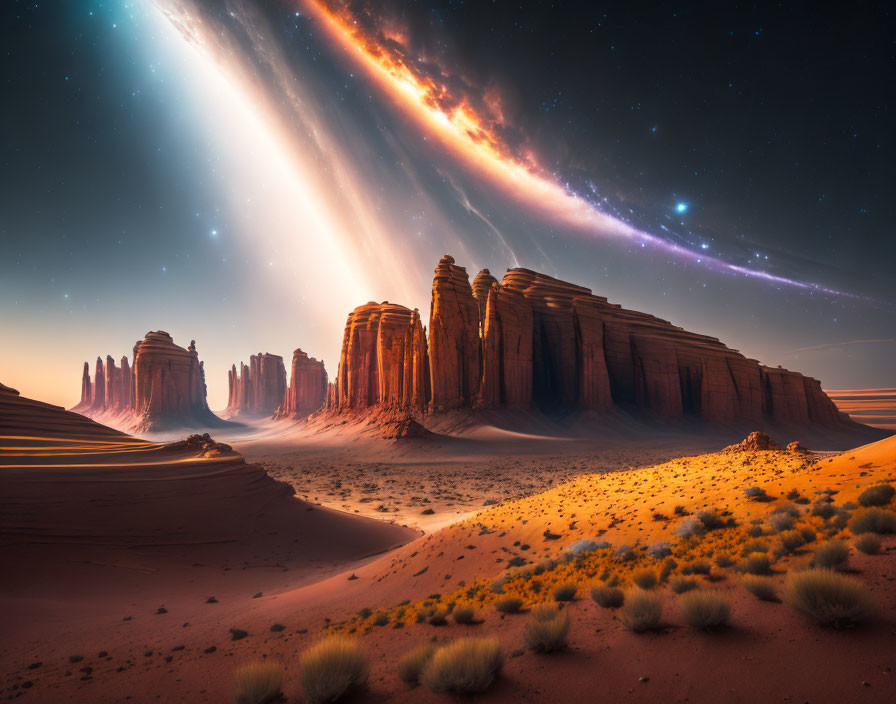 Majestic desert landscape with towering rock formations and cosmic event.