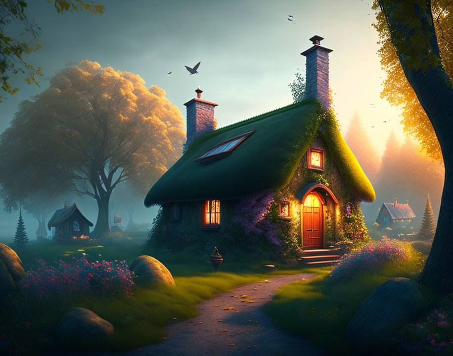 Enchanted cottage in magical forest with green roof at sunset