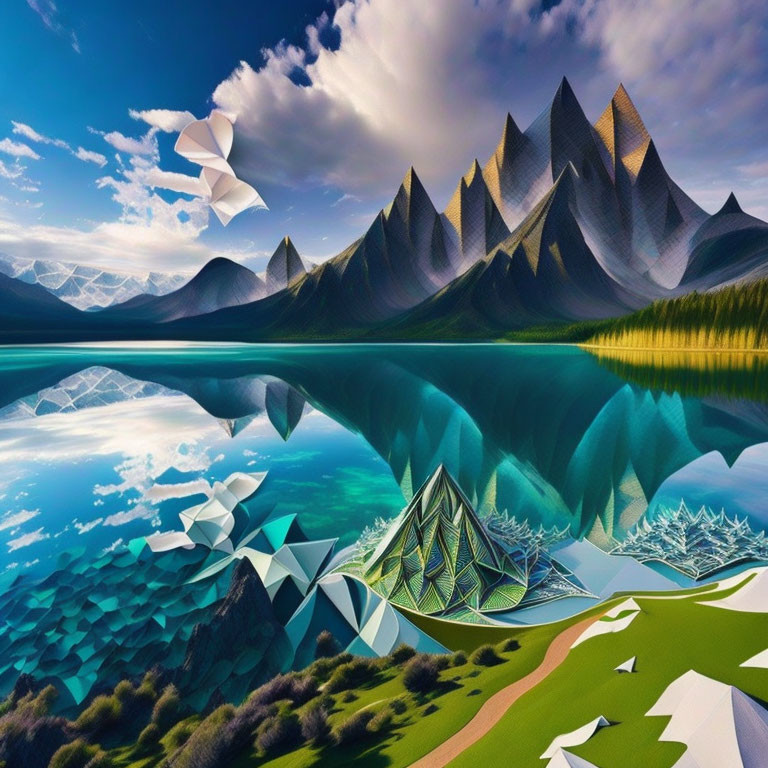 Polygonal Mountains Reflected in Blue Lake in Surreal Landscape