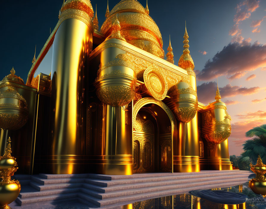 Majestic golden palace against sunset sky and reflecting water