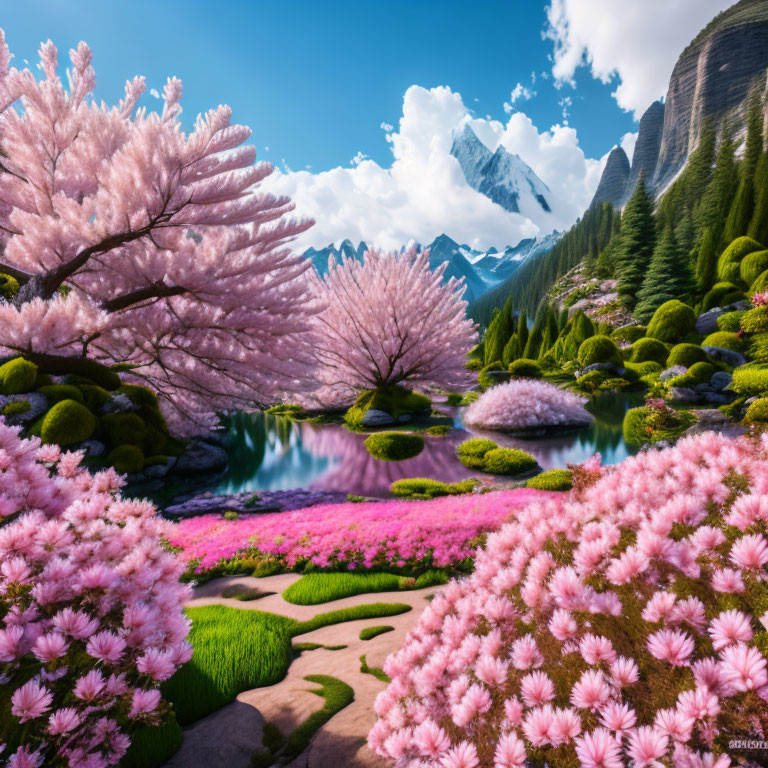 Tranquil landscape with pink blossoming trees, calm lake, moss-covered rocks