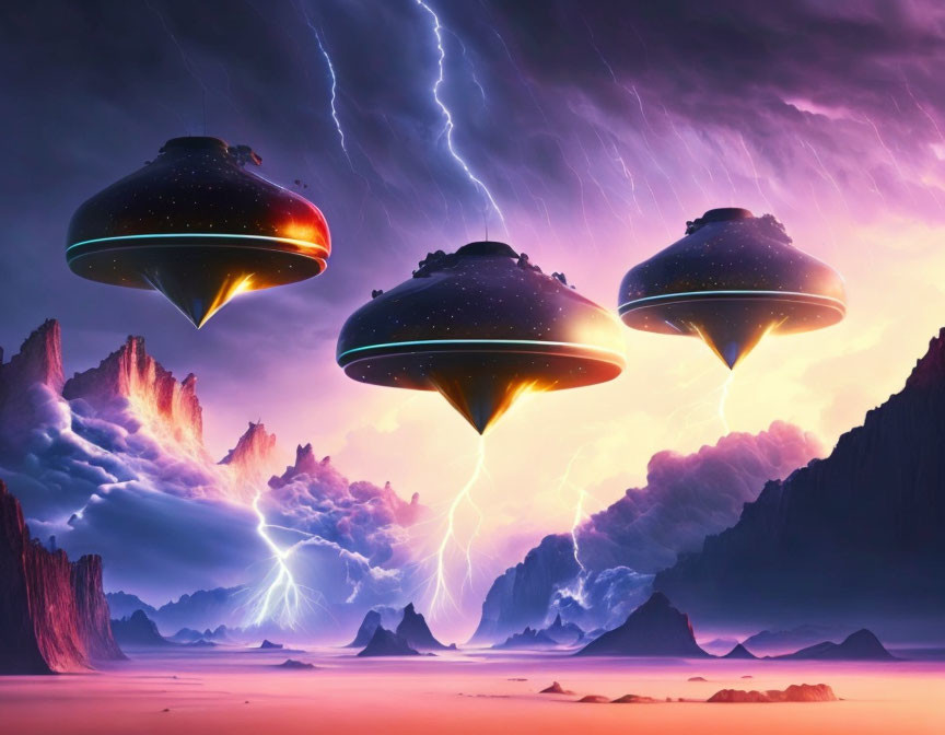 Three UFOs in purple sky with lightning and mountains