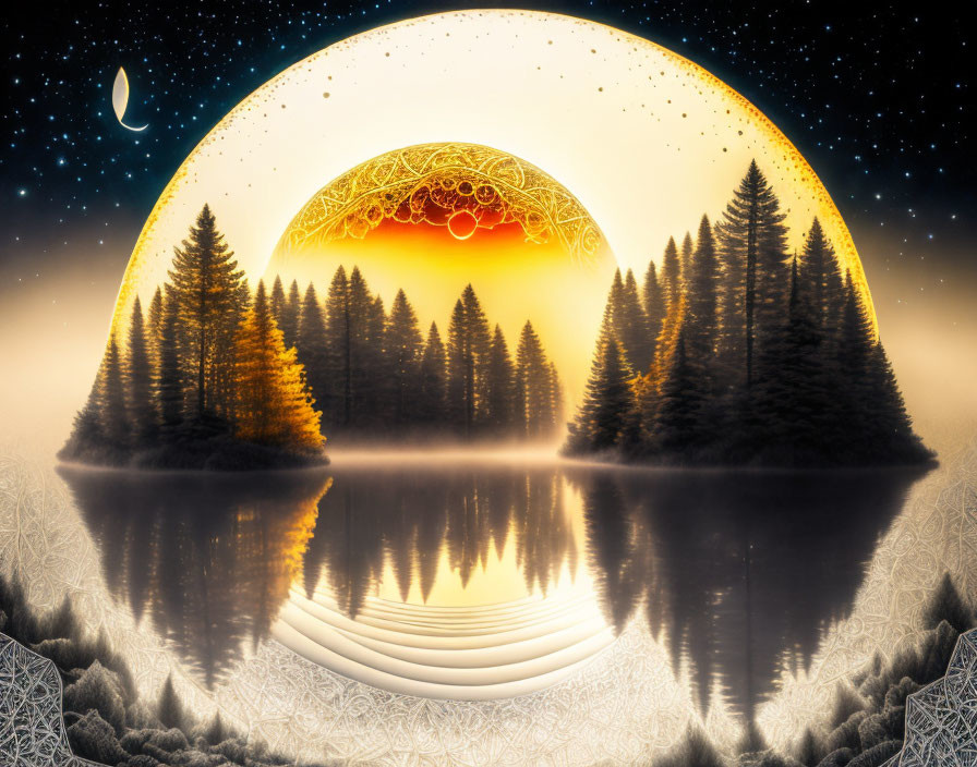 Mystical landscape with forest silhouette, ornate moon, stars, and water reflection