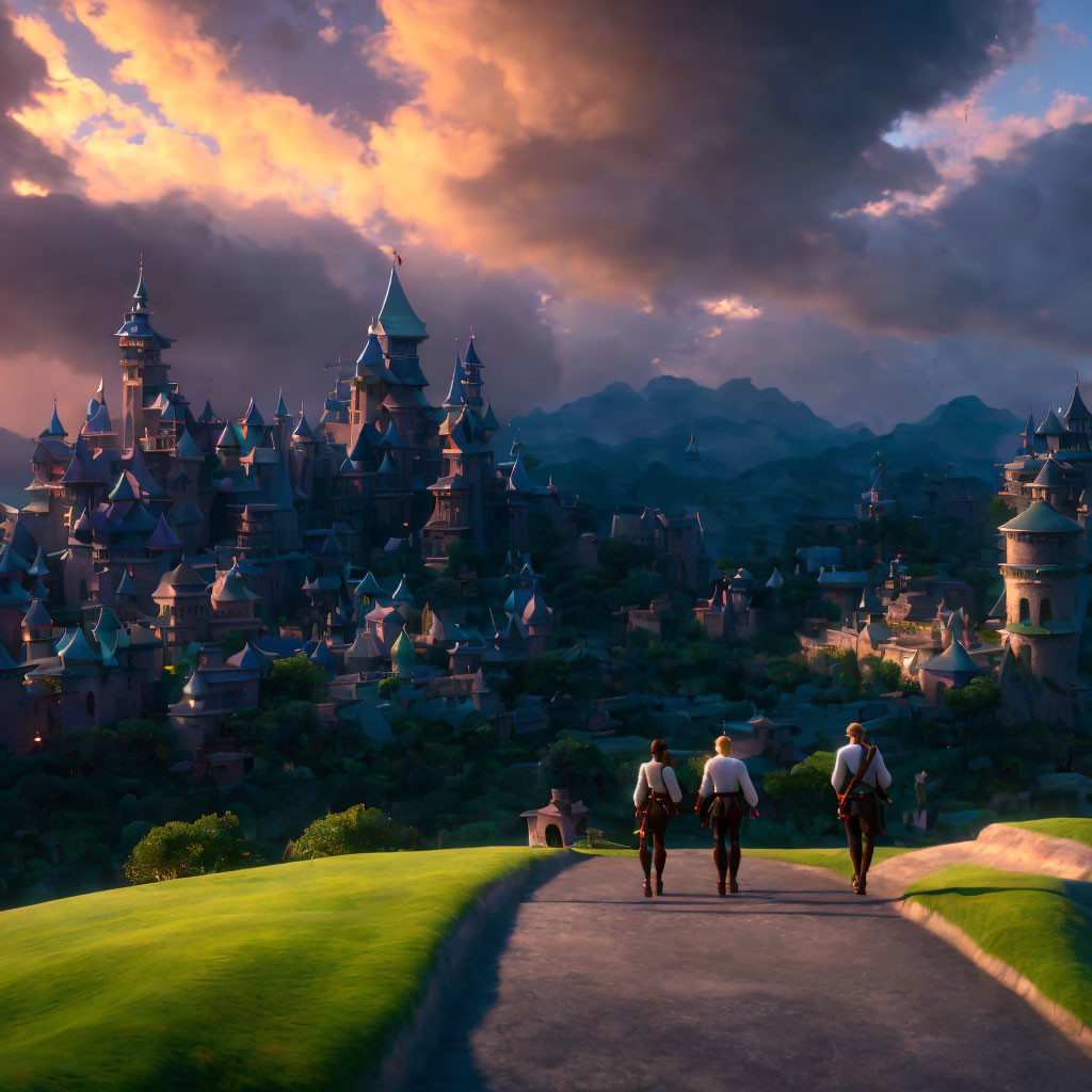 Three individuals walking towards a fantastical castle at sunset