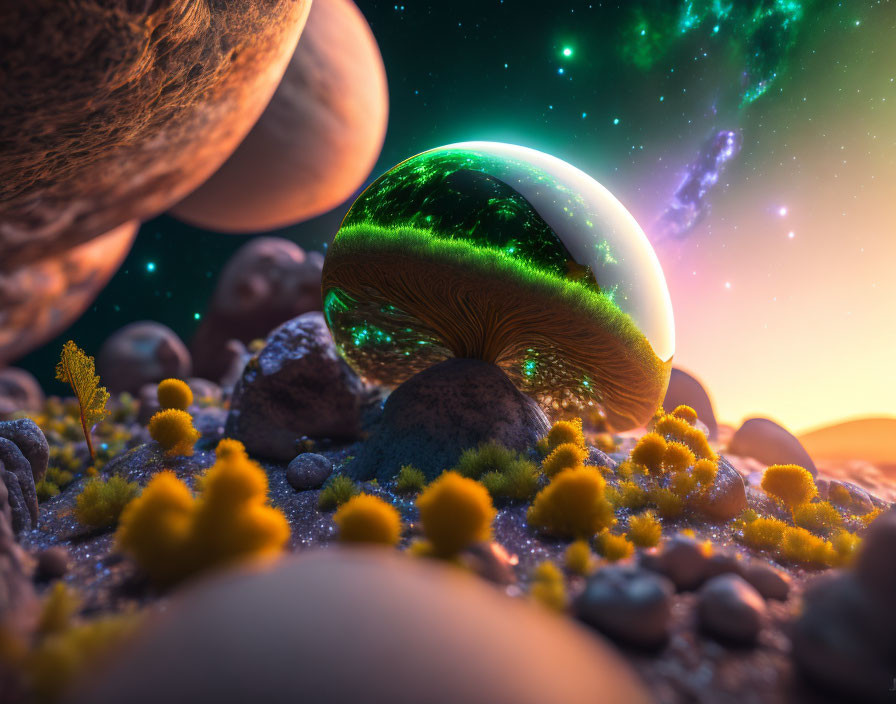 Glowing dome in fantastical landscape with moss and asteroids