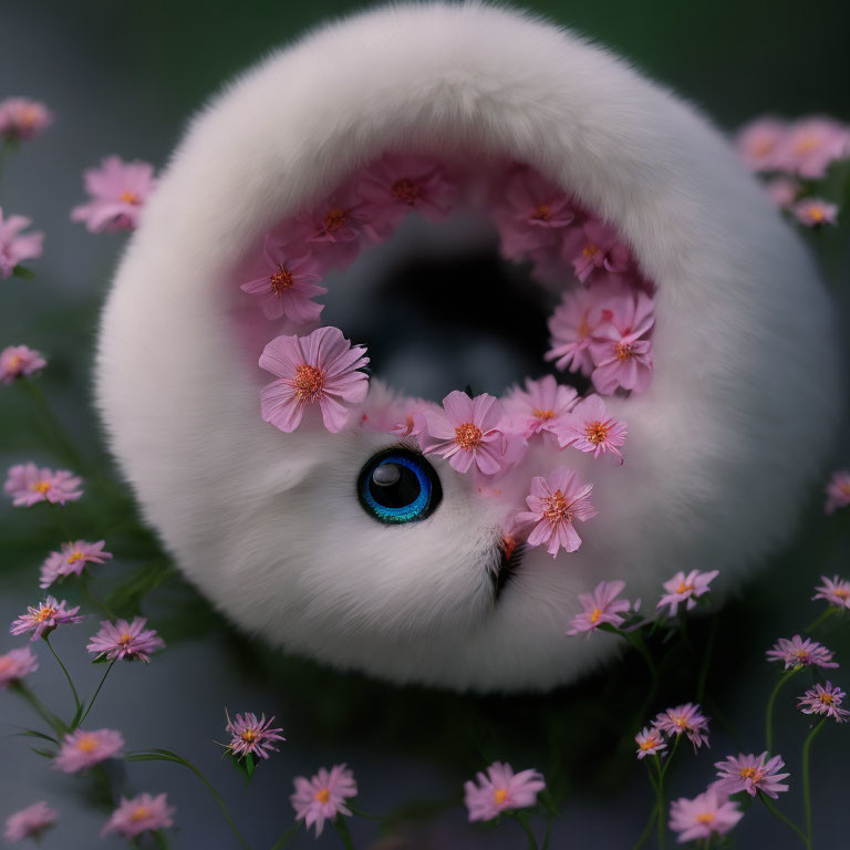 Surreal white fluffy donut creature with blue eye and pink flowers on dark background