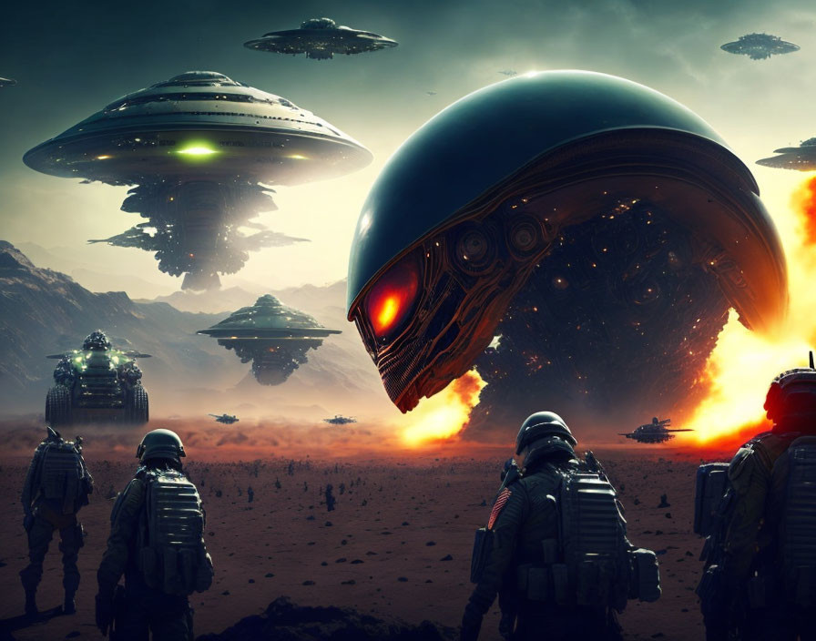 Futuristic soldiers observe hovering alien spacecraft in explosive landscape