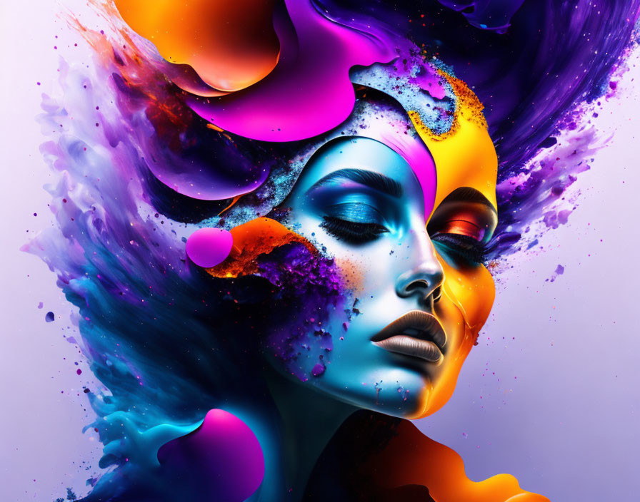 Colorful liquid and paint surround woman in vibrant digital portrait