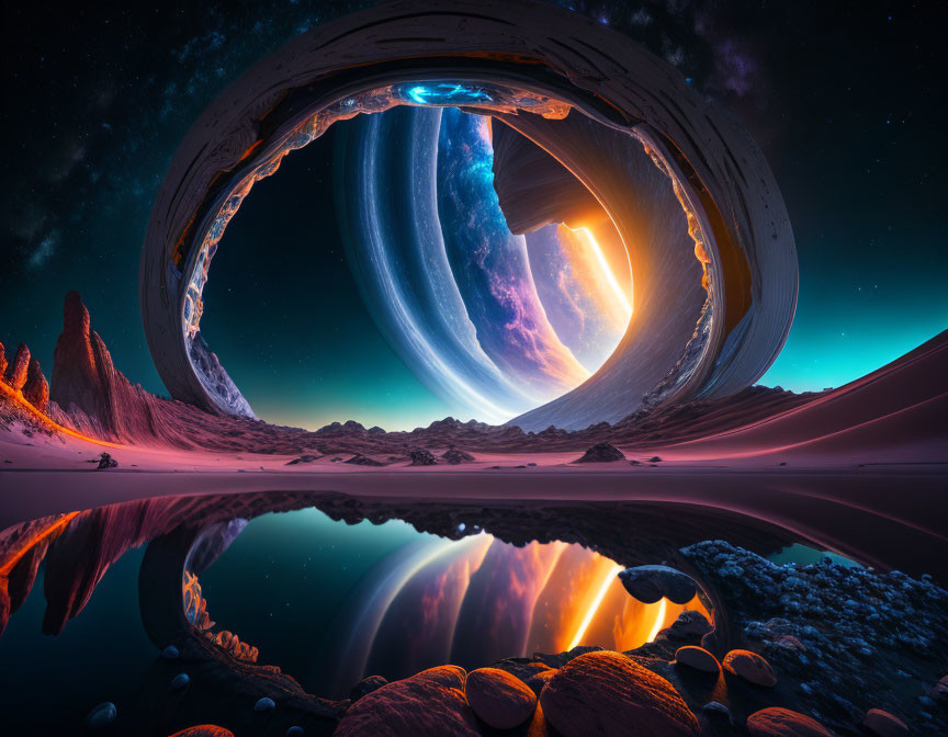 Surreal landscape with loop-like celestial formation reflected in water