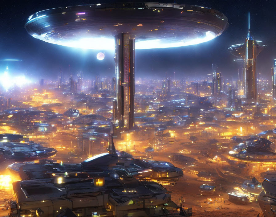 Futuristic night cityscape with illuminated buildings, flying vehicles, and hovering spaceship