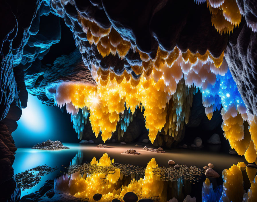 Mystical Cave with Iridescent Blue and Warm Yellow Lights