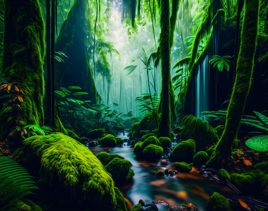 Lush green forest with mossy rocks and a stream under sunlight