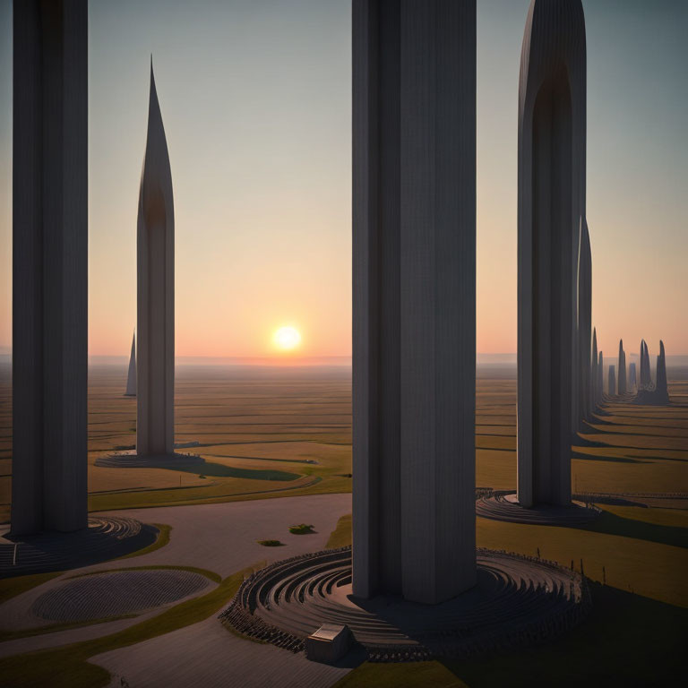 Futuristic sunset view with tall spire-like structures