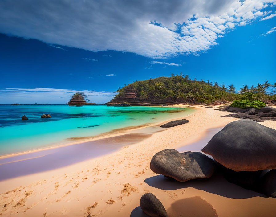 Idyllic Tropical Beach Scene with Blue Water and Rock Formation