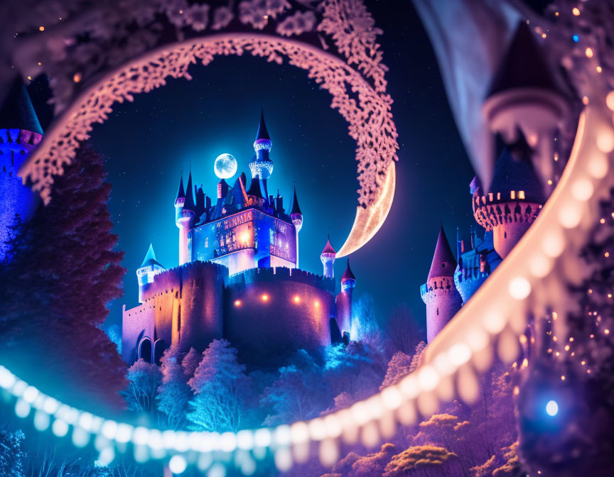 Fairytale castle night view with illuminated towers and crescent moon in circular frame