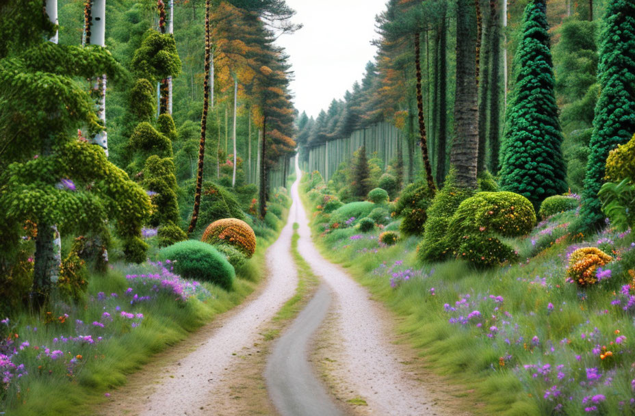 Lush forest with winding dirt road and colorful shrubs