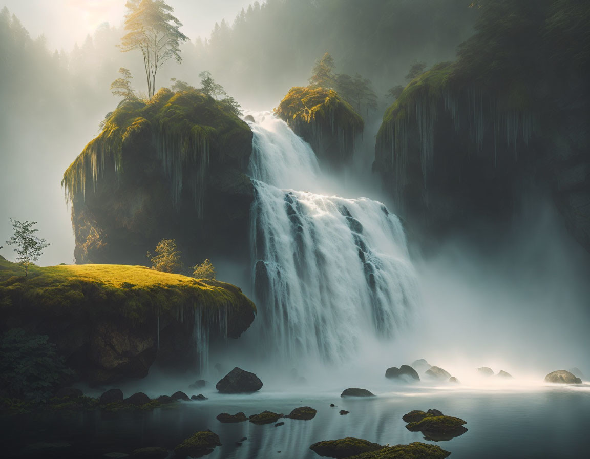 Tranquil waterfall in misty lake with lush foliage