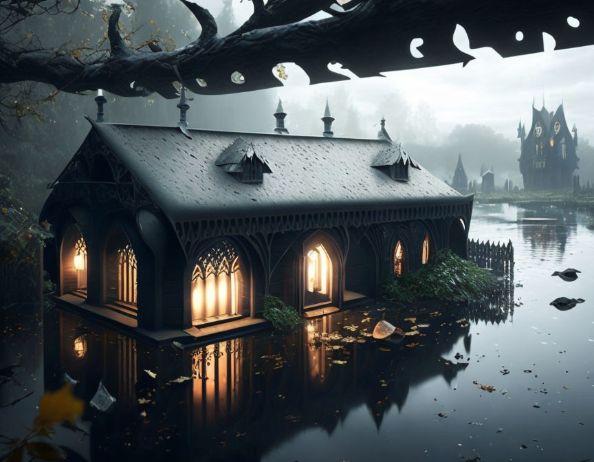 Gothic-style house by misty lake with lit windows, castle silhouette in fog