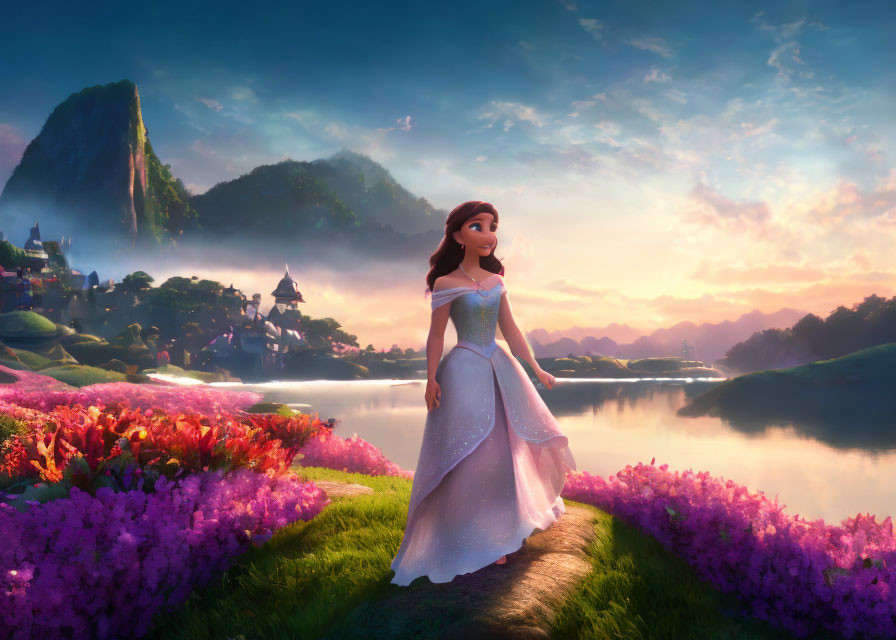 Animated princess walking in vibrant fantasy landscape