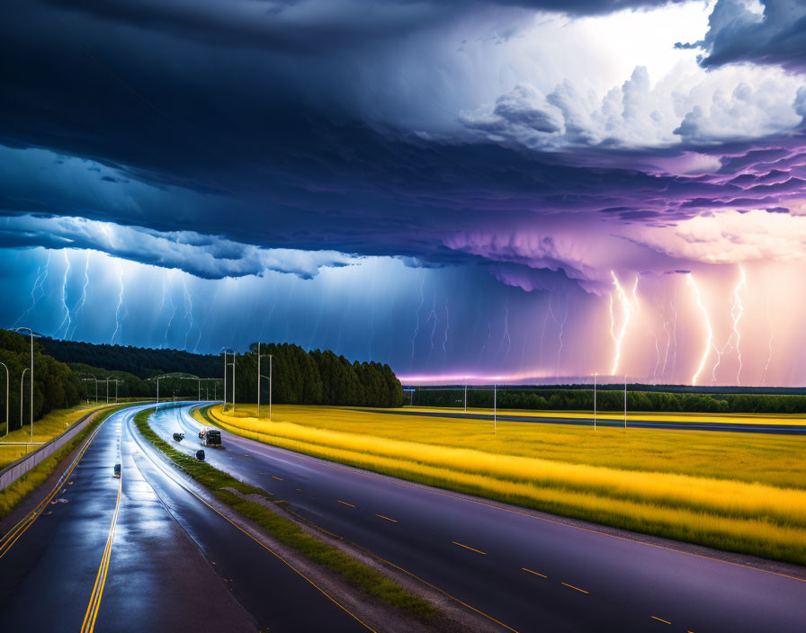 Dramatic scene: lightning strikes on highway through vibrant field