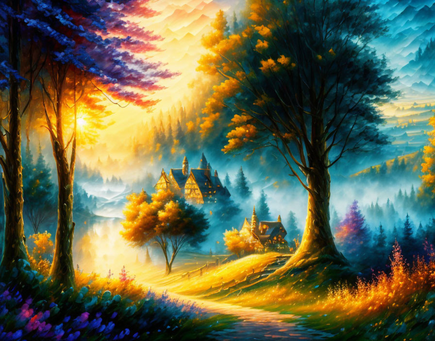 Colorful Landscape Painting: Serene Village in Forest with Sunset Sky