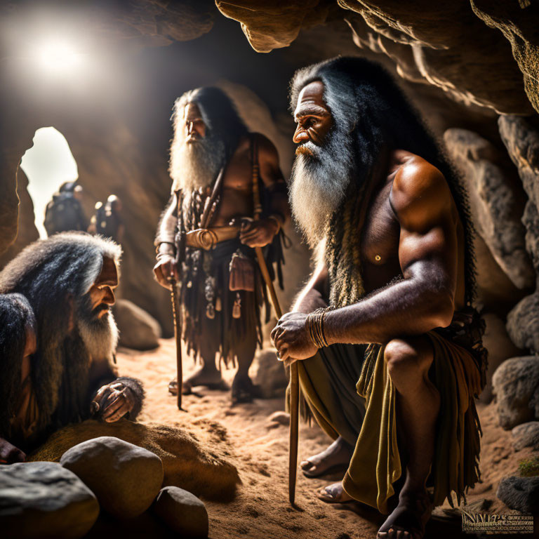 Three early humans in primitive costumes inside a dimly lit cave