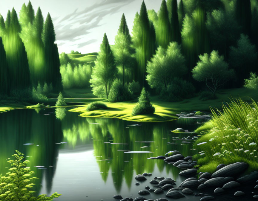 Tranquil green landscape with trees, lake, and pebbled shore