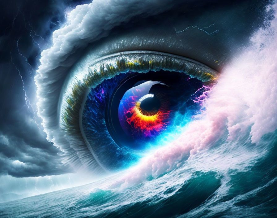 Giant eye with vibrant iris in ocean storm fusion