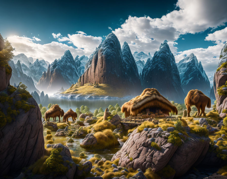 Majestic rock spires, tranquil lake, lush flora, and mammoth-like creatures in a