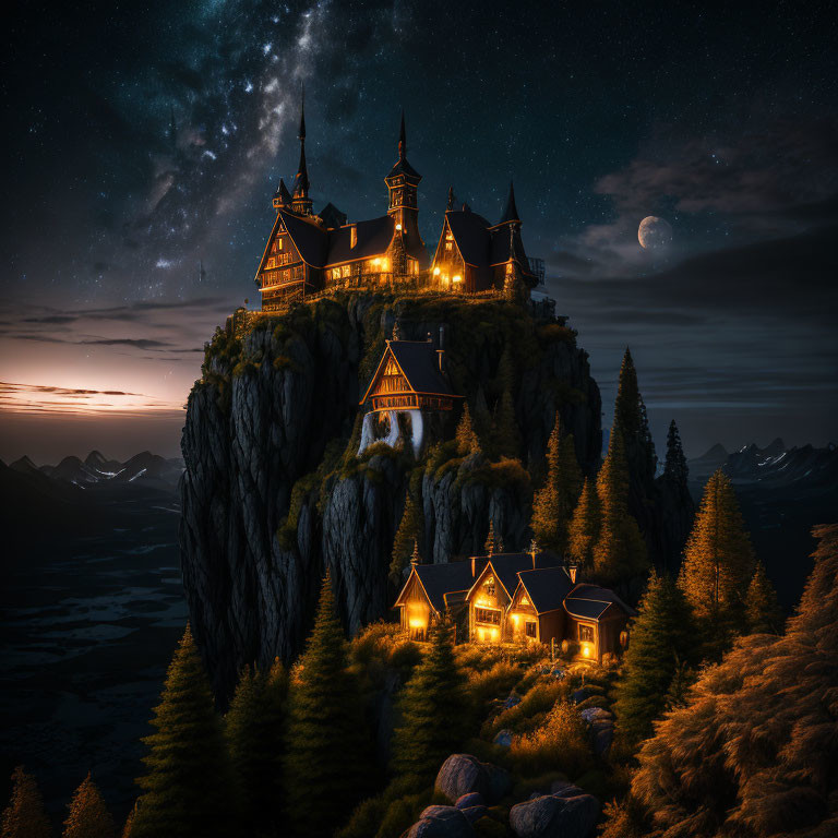 Castle on Cliff Under Starry Night Sky with Pine Trees & Mountains