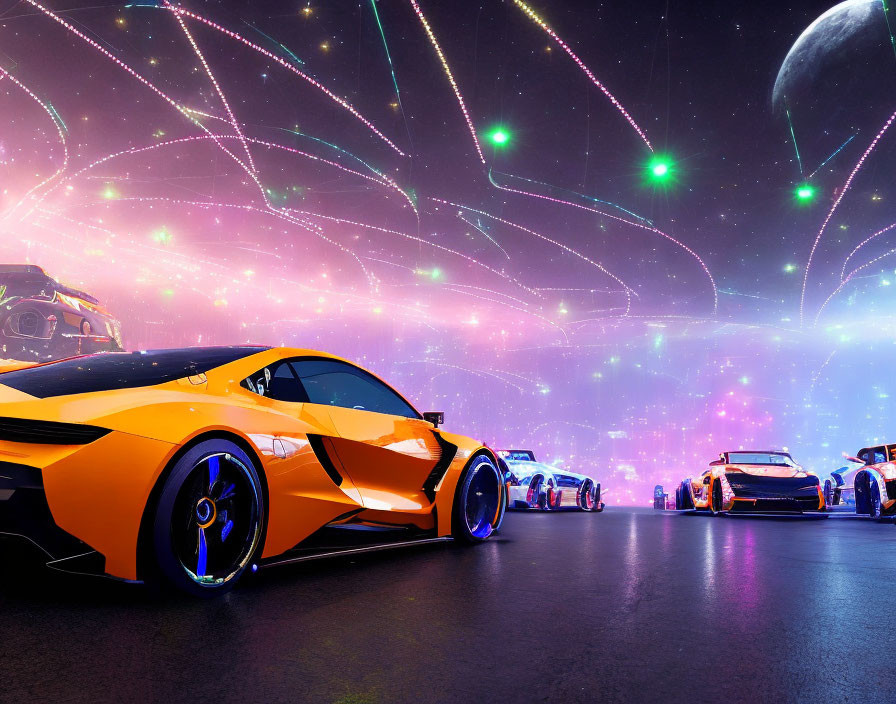 Futuristic sports cars under neon-lit night sky with large planet.