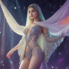 Ethereal female fairy with luminescent wings in gem-studded attire