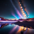 Surreal landscape with loop-like celestial formation reflected in water