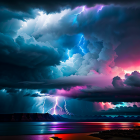 Stormy Sky Over Lake with Lightning Strikes and Blue-Purple Reflections