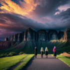 Three individuals walking towards a fantastical castle at sunset