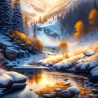 Winter landscape: cascading waterfall, snow-covered rocks, golden trees, forest backdrop