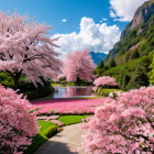 Tranquil landscape with pink blossoming trees, calm lake, moss-covered rocks