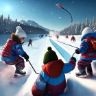 Children sledding and ice skating in snowy winter landscape with red balloon and skaters in background.