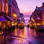 City street at dusk with woman, elegant buildings, shops, and parked cars