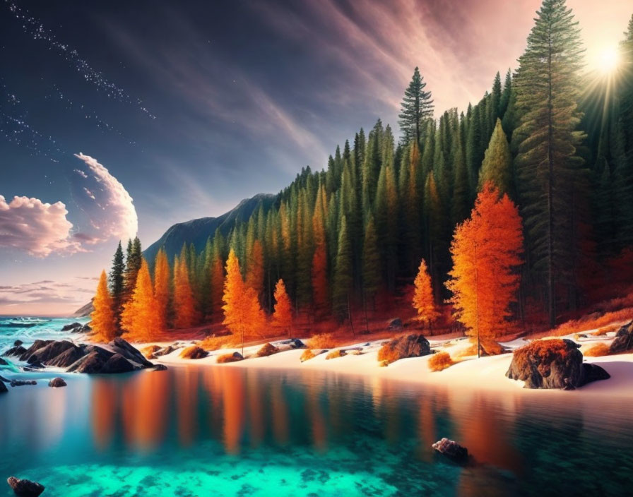 Tranquil Lake with Turquoise Waters and Autumn Trees at Sunset