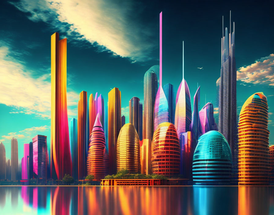 Futuristic cityscape with diverse skyscrapers at sunset