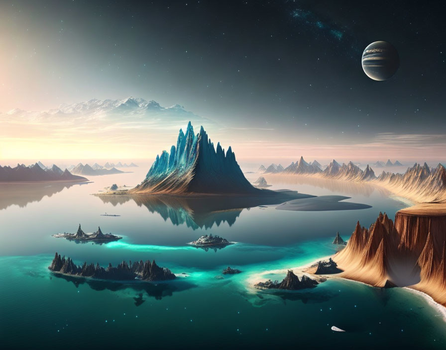 Surreal landscape with mountains, lakes, islands, and large planet in starry sky