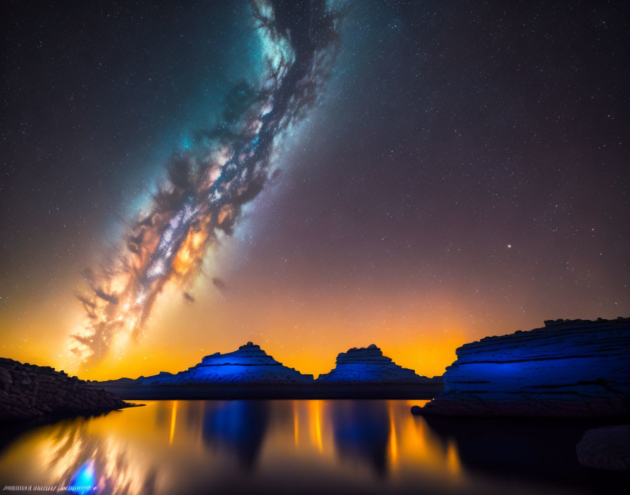 Nighttime Milky Way over silhouetted rocks reflected in water