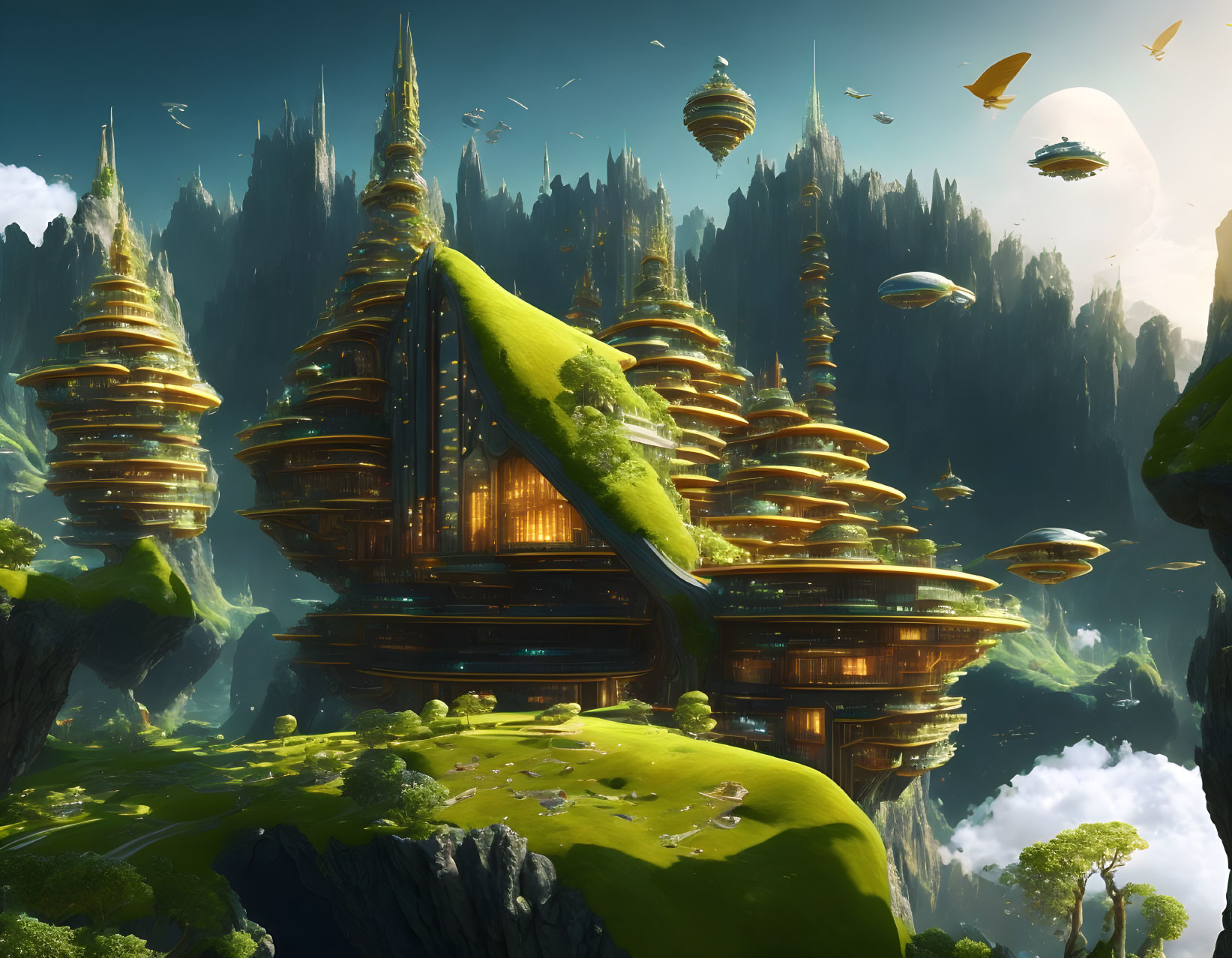 Majestic fantasy landscape with golden spires and floating islands