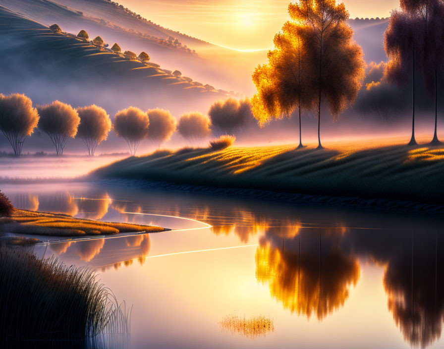 Ethereal sunrise landscape with silhouetted trees, calm lake, rolling hills, and glowing