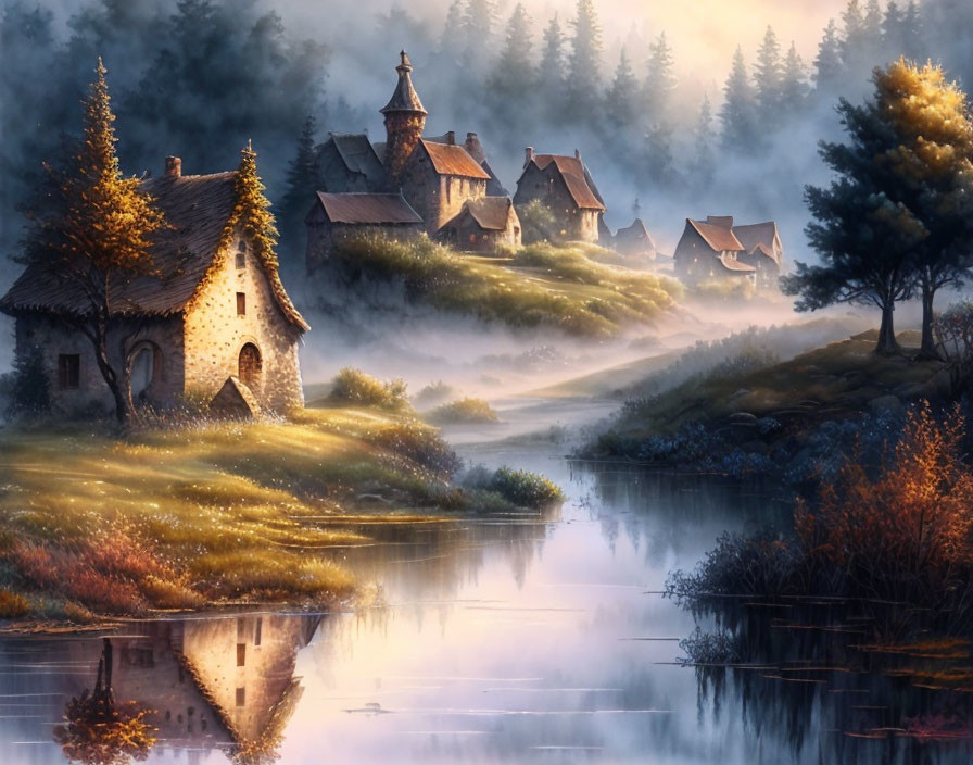 Scenic village with stone houses by misty river and golden tree