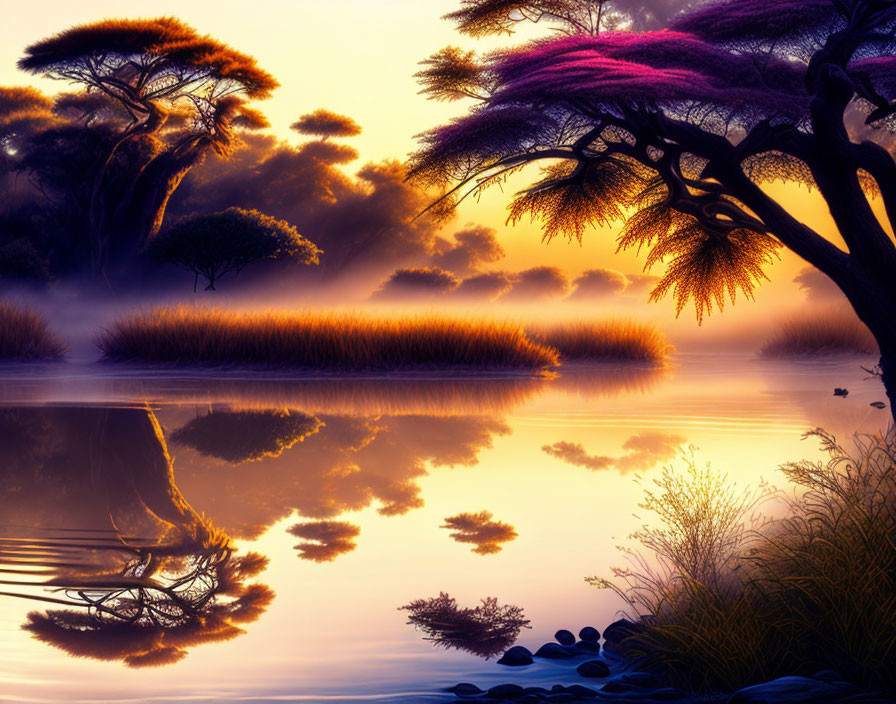 Tranquil sunset over calm lake with vibrant tree reflections